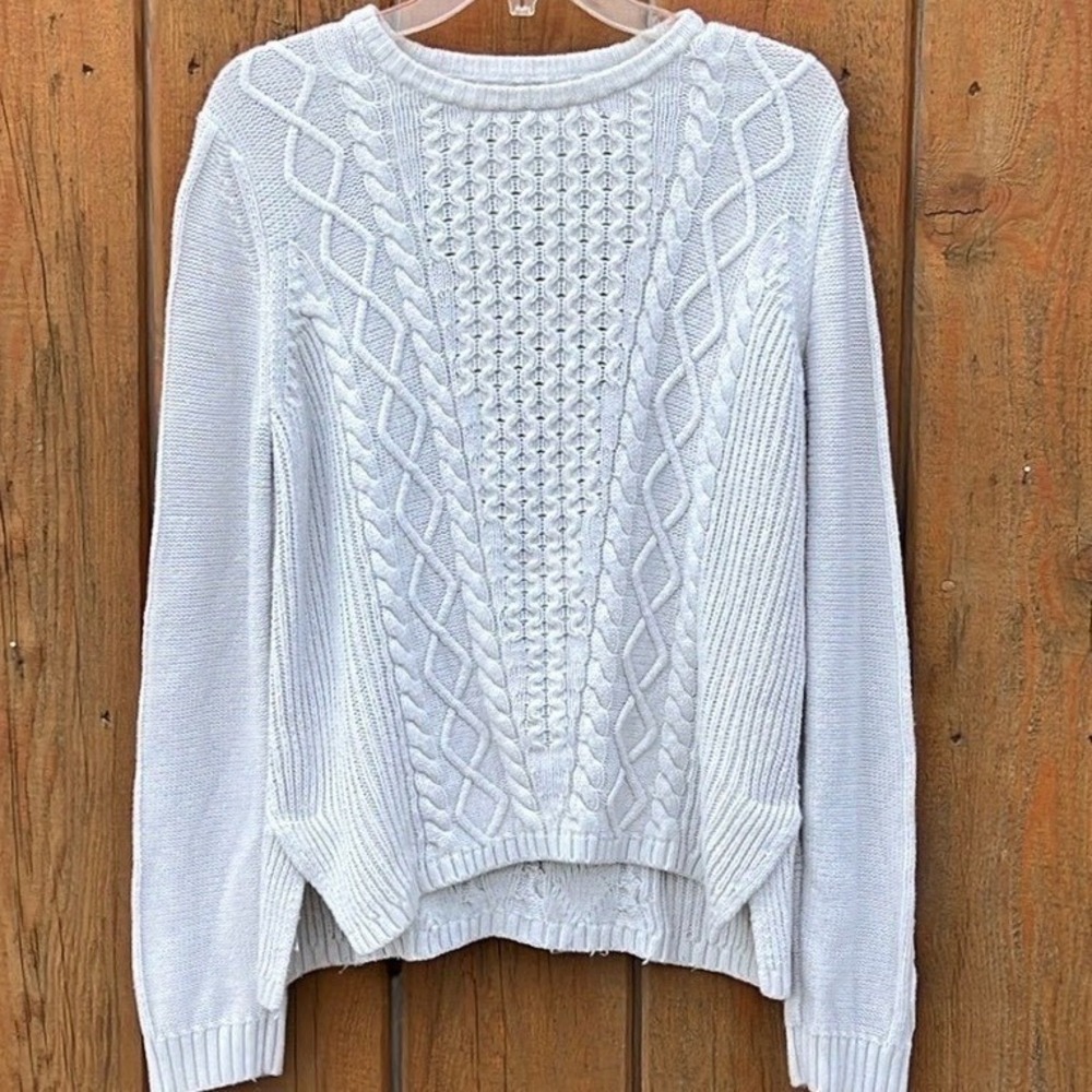 Gap Women XL Light Grey Merino Wool Blend Cable Knit Mixed Stitch Sweater Pullo